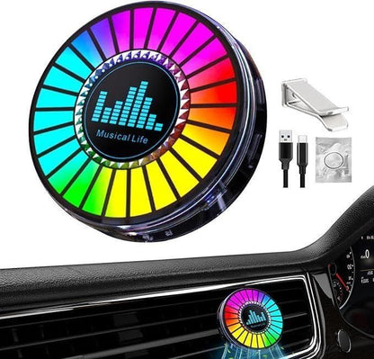 Colorful music equalizer car air freshener with USB cable and packaging on a white background