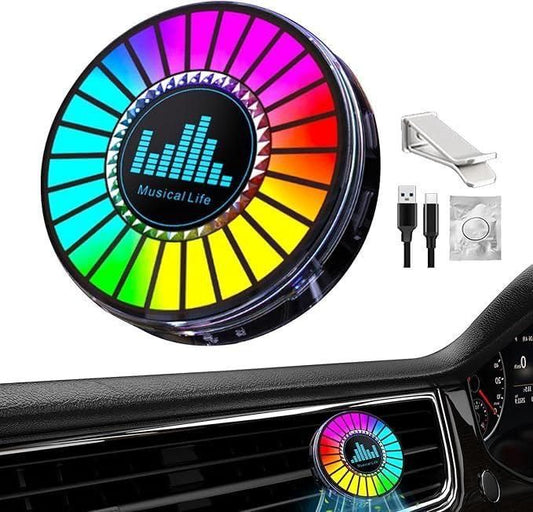 Colorful music equalizer car air freshener with USB cable and packaging on a white background