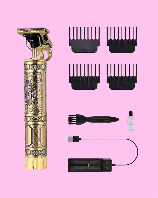 Hair trimmer set with attachments on a pink background