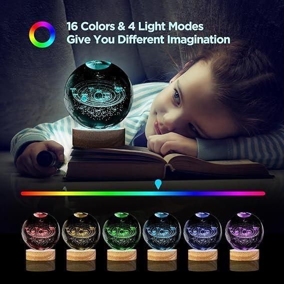 Child looking at a glowing crystal ball with colorful light modes displayed.