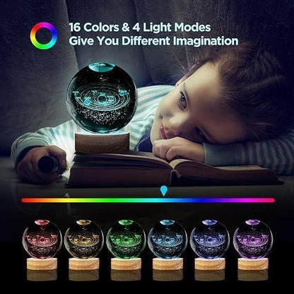 Child looking at a glowing crystal ball with colorful light modes displayed.