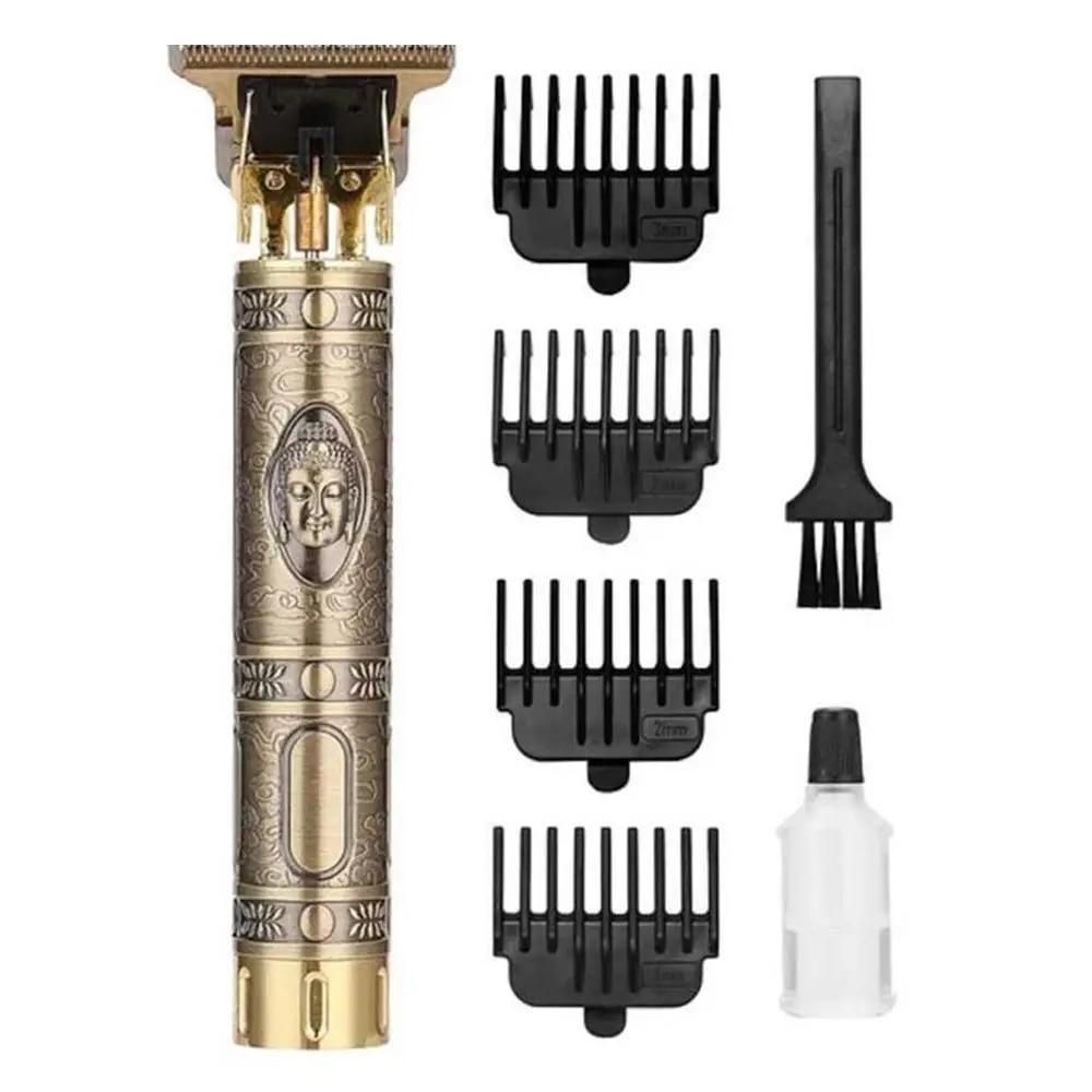 Barber clipper set with gold handle and multiple attachments on a white background