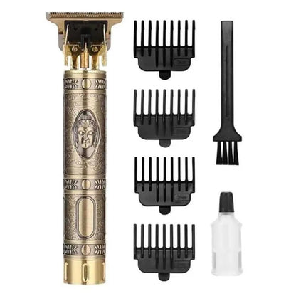 Barber clipper set with gold handle and multiple attachments on a white background