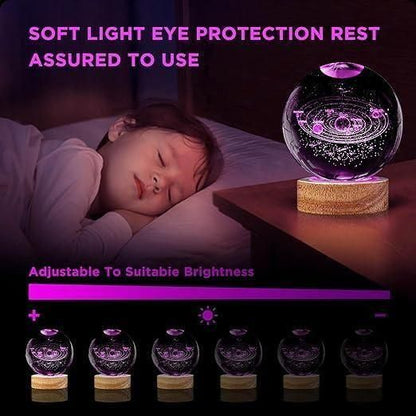 Glowing crystal ball on a bedside table with a child sleeping, emphasizing soft light eye protection.