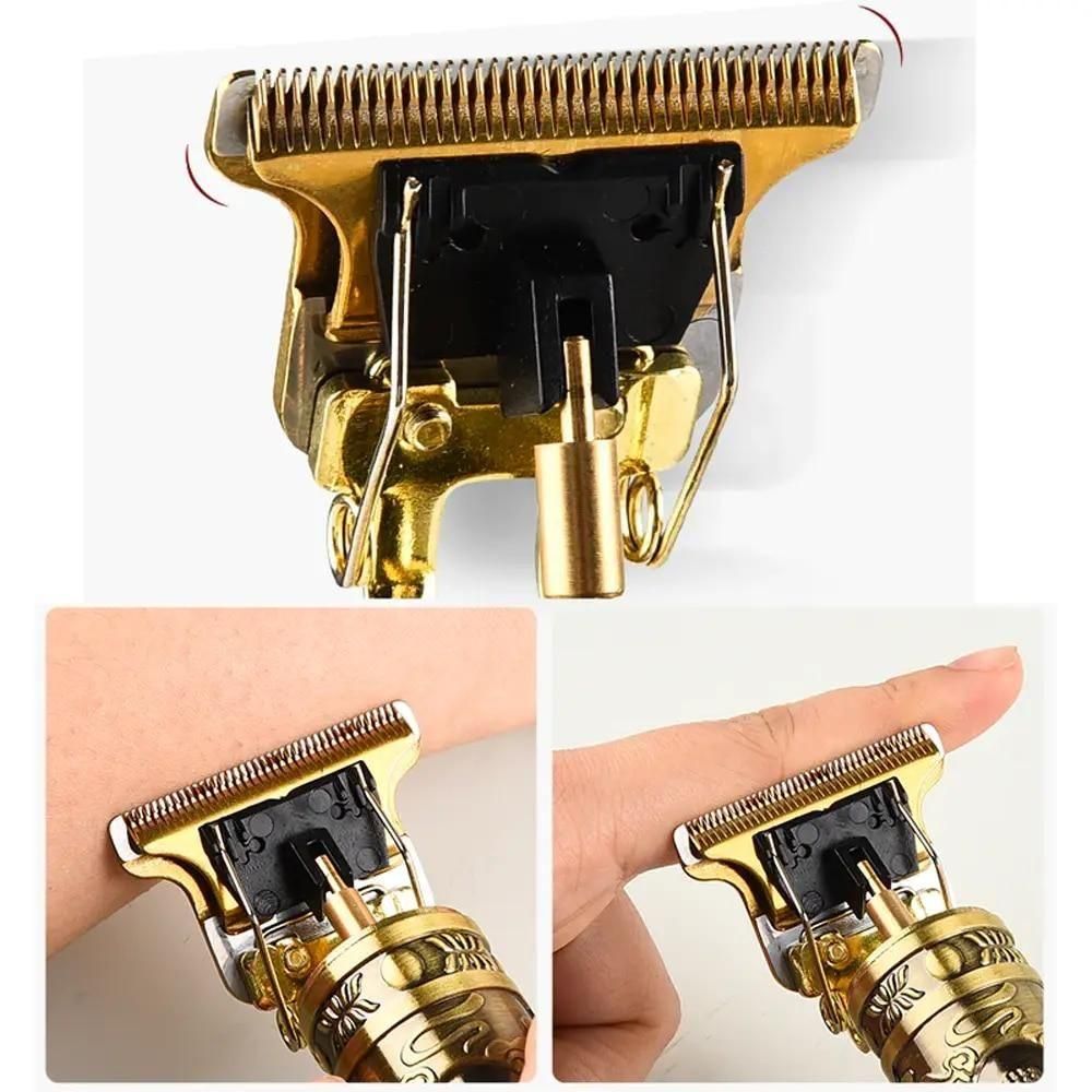 Close-up of a gold and black hair clipper with additional views on a white background