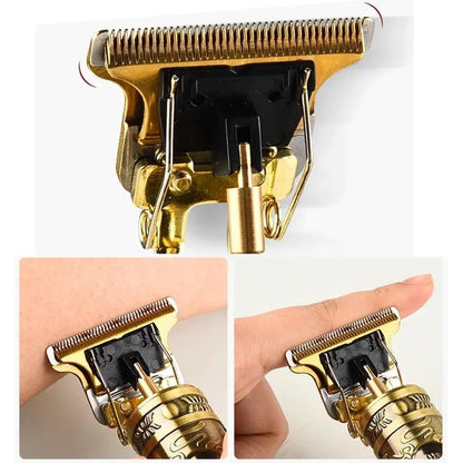 Close-up of a gold and black hair clipper with additional views on a white background