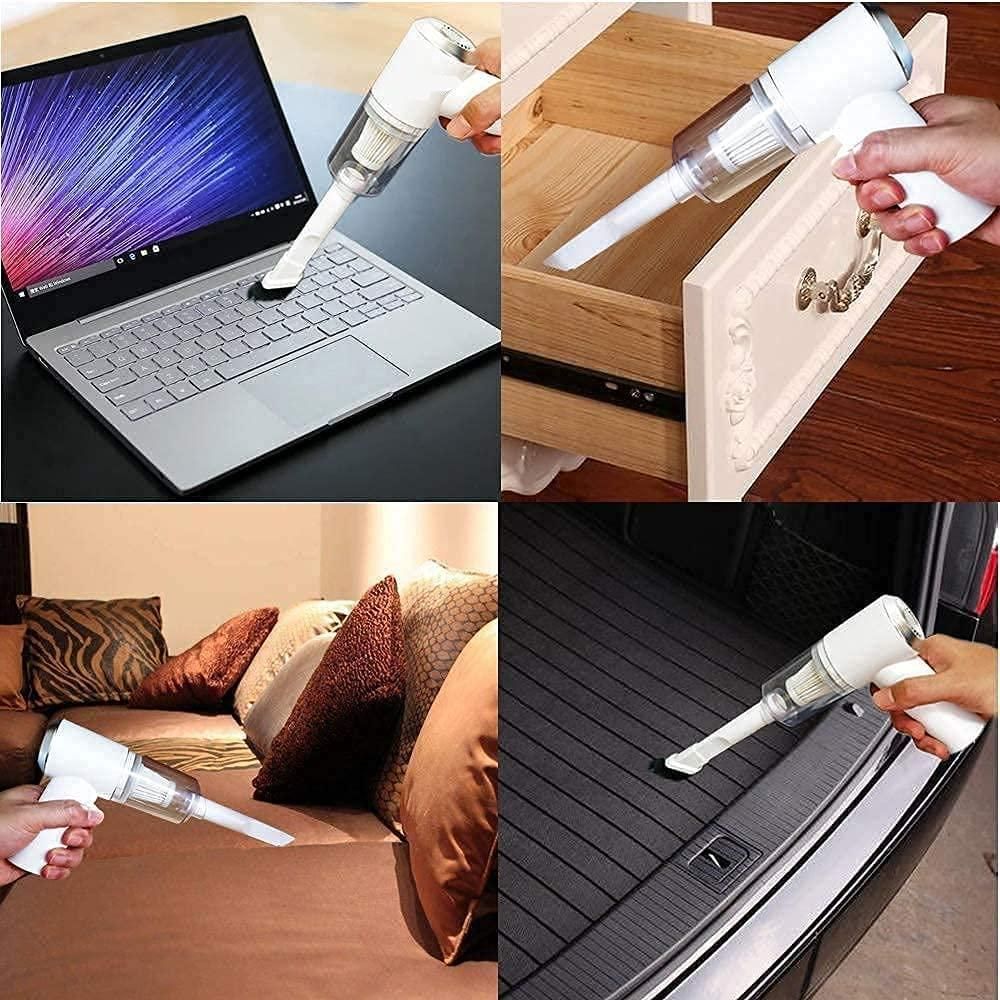 Handheld vacuum cleaner being used on a laptop, furniture, sofa, and car trunk.